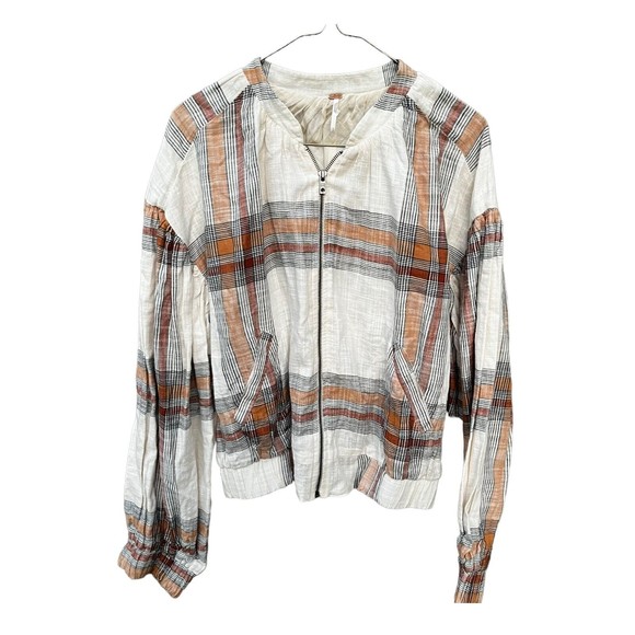 Free People Jackets & Blazers - Free People Women’s Small Mattie Plaid Bomber Ivory Black Puff Sleeves Full Zip